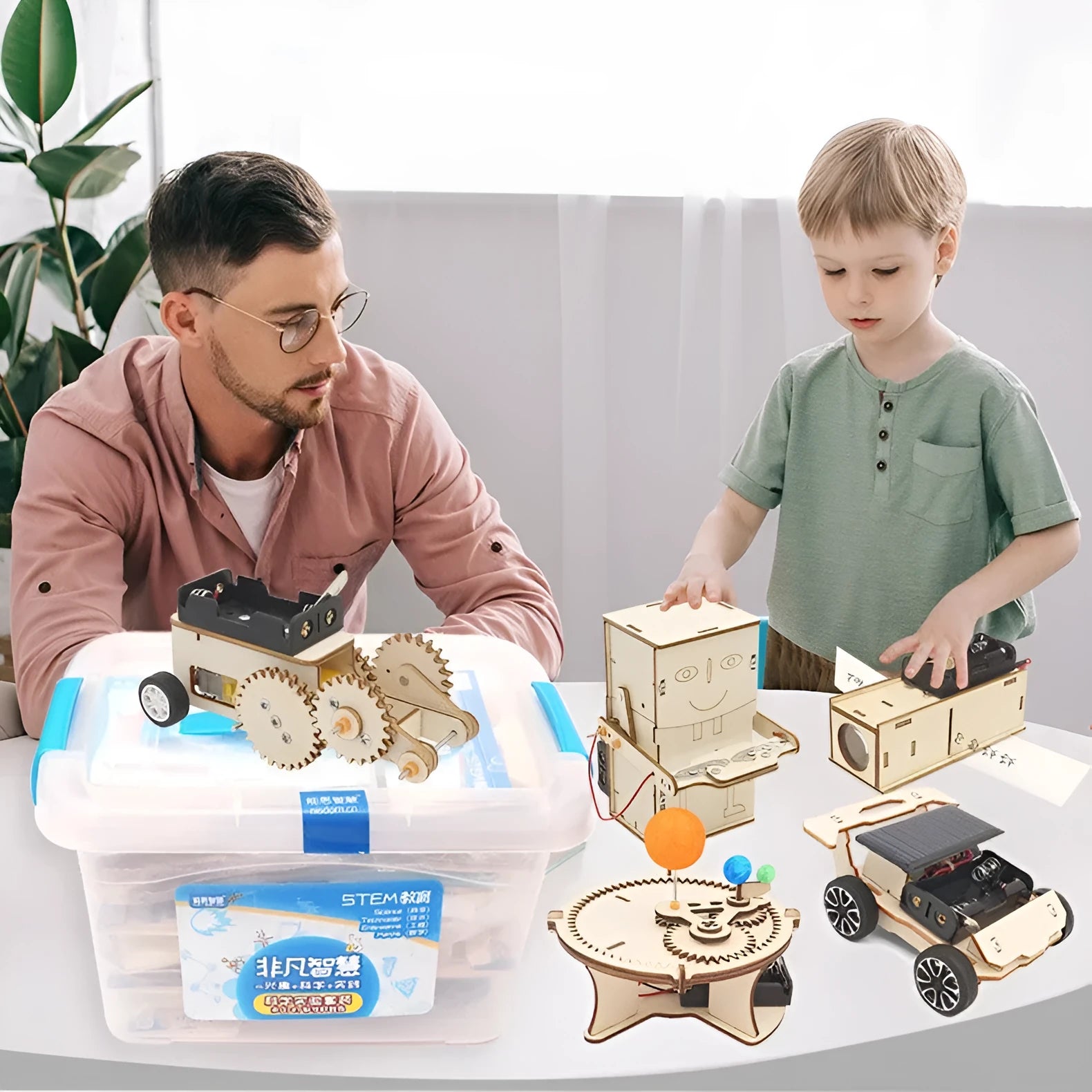 Physical science and technology small production kit with 16 wooden pieces, paint, screwdriver, glue and batteries for kids aged 7-14