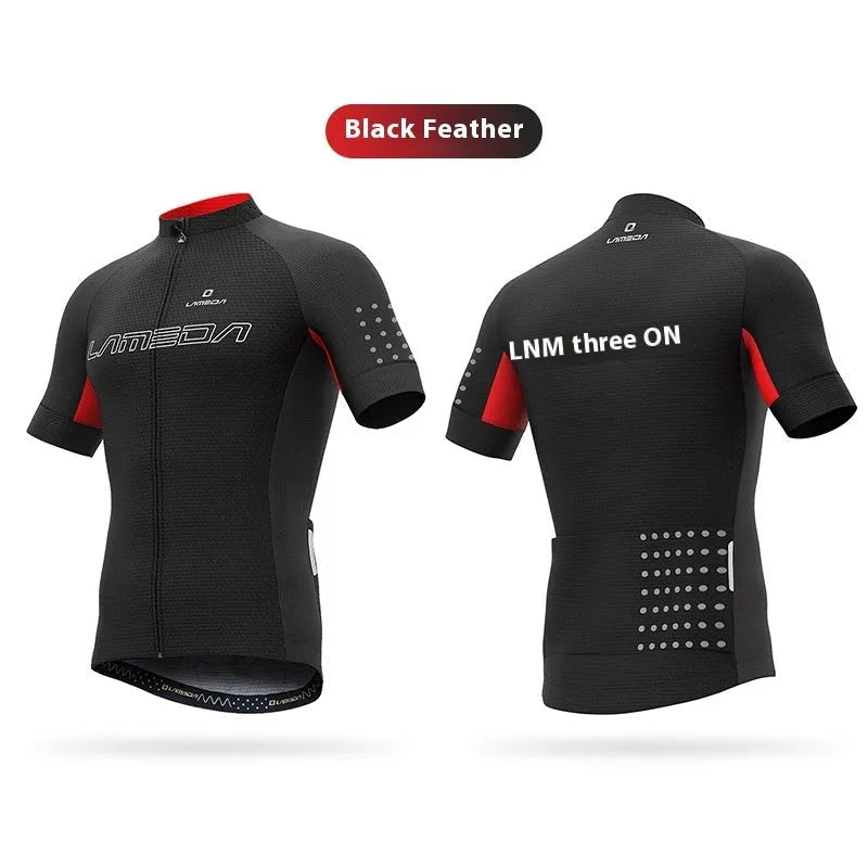 Short-sleeve cycling jersey top in polyester with moisture wicking for mountain and highway bike rides