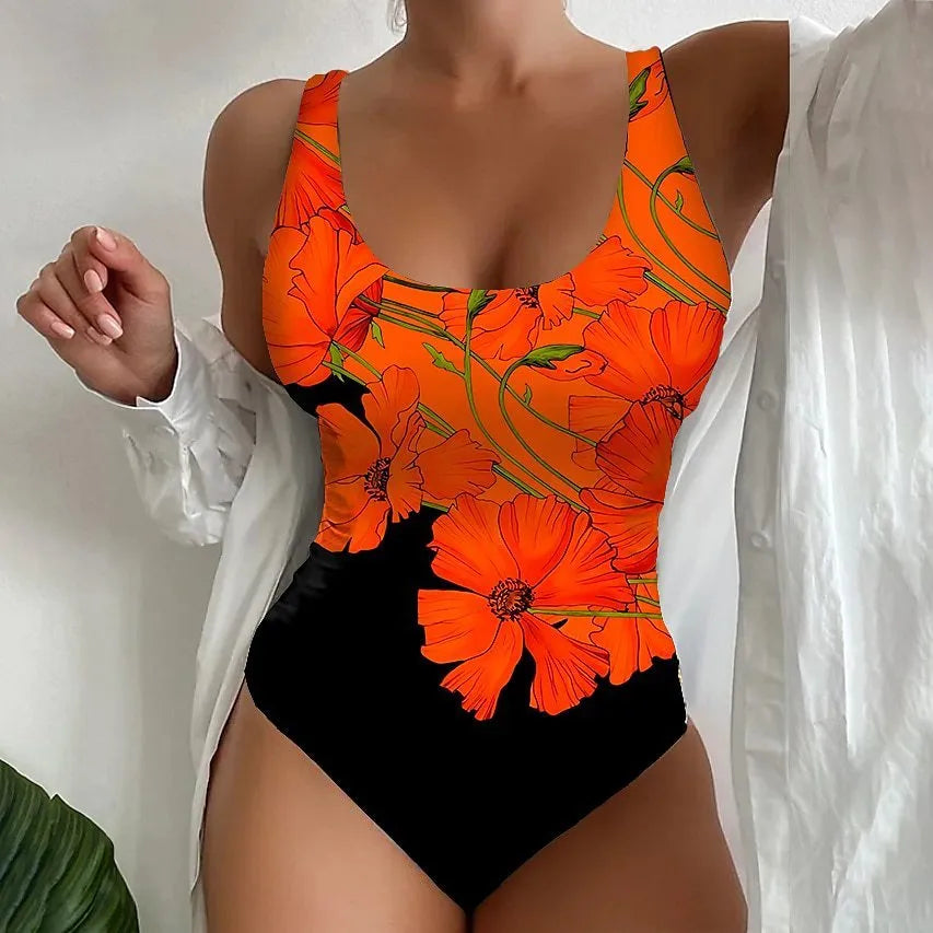 Women's orange red one-piece swimsuit with a 3D printed pattern, made from polyester and spandex.
