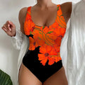 Women's orange red one-piece swimsuit with a 3D printed pattern, made from polyester and spandex.