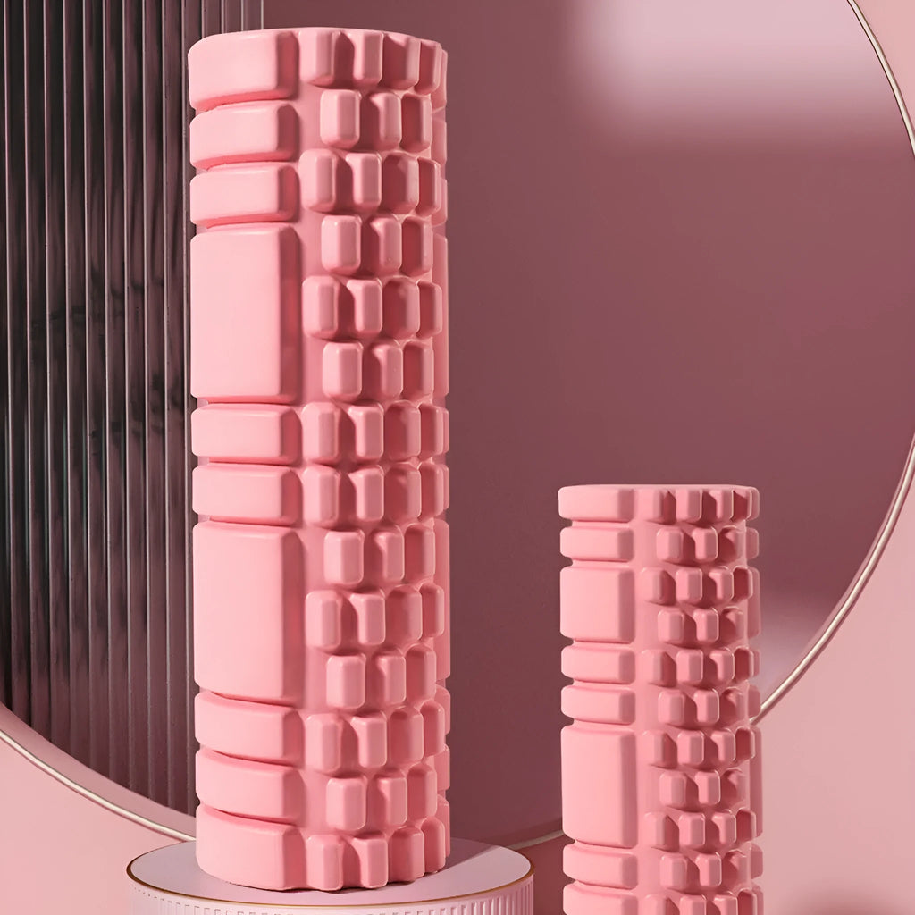 EVA foam roller in black, grey, pink, sky blue, or light purple, showing 30cm or 33cm length options.