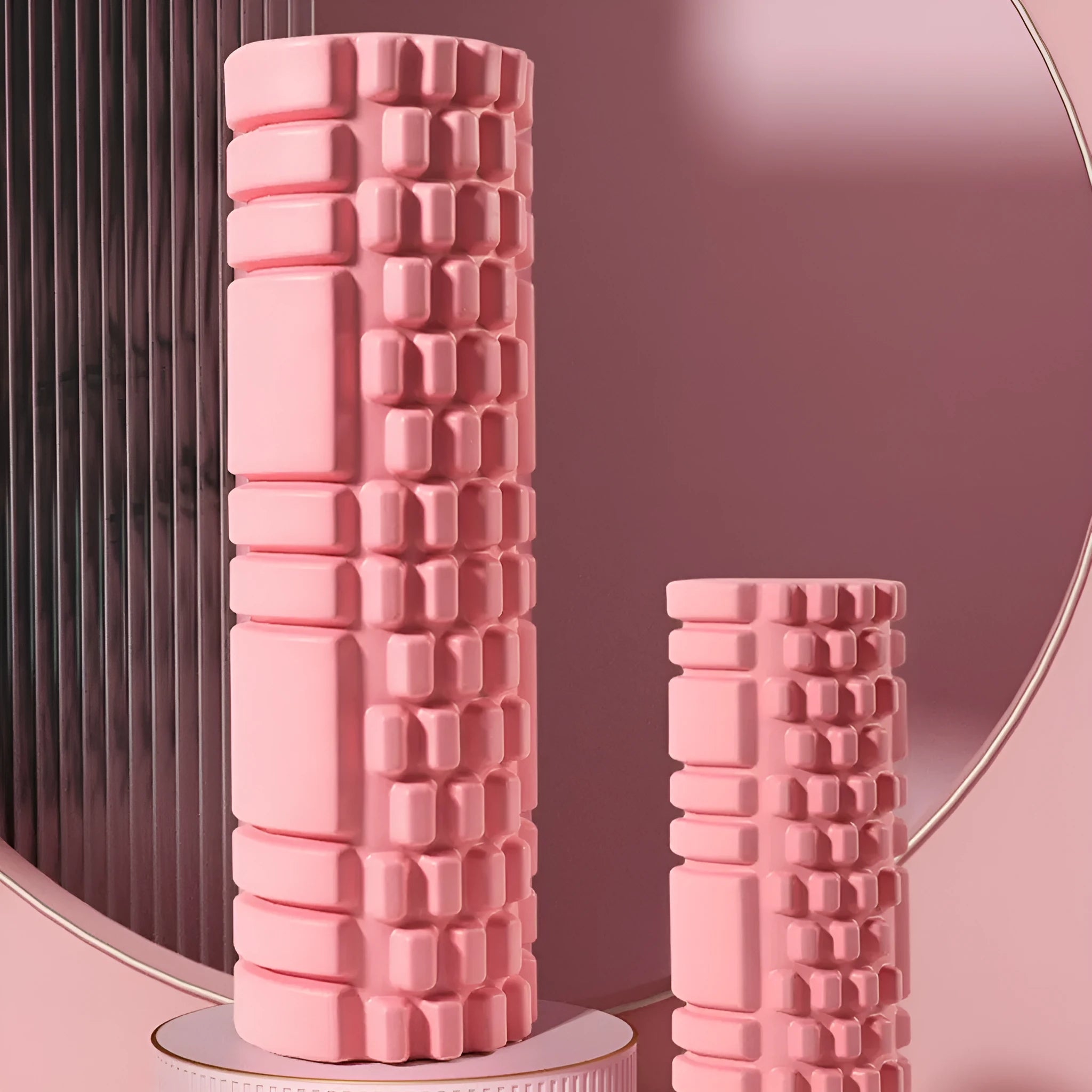 EVA foam roller in black, grey, pink, sky blue, or light purple, showing 30cm or 33cm length options.