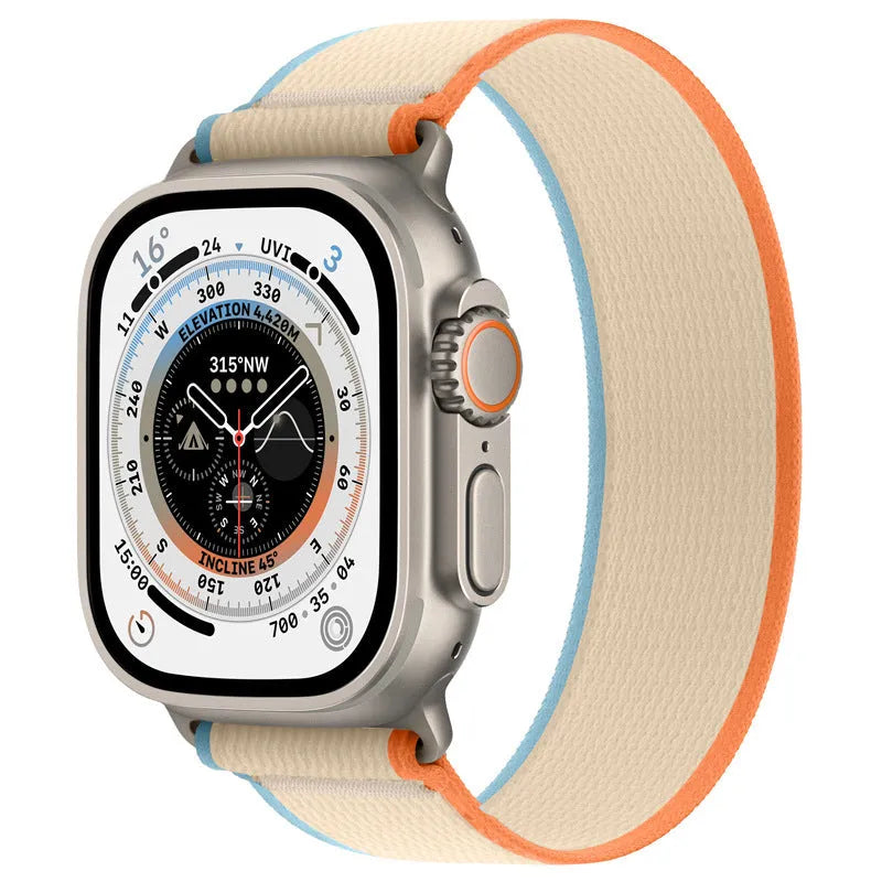 Single ring integrated nylon replacement strap for Apple Watch in multiple colours and sizes.