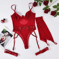 A woman's sheer black mesh jumpsuit or playsuit laid flat, showing its one-piece tights-style design.