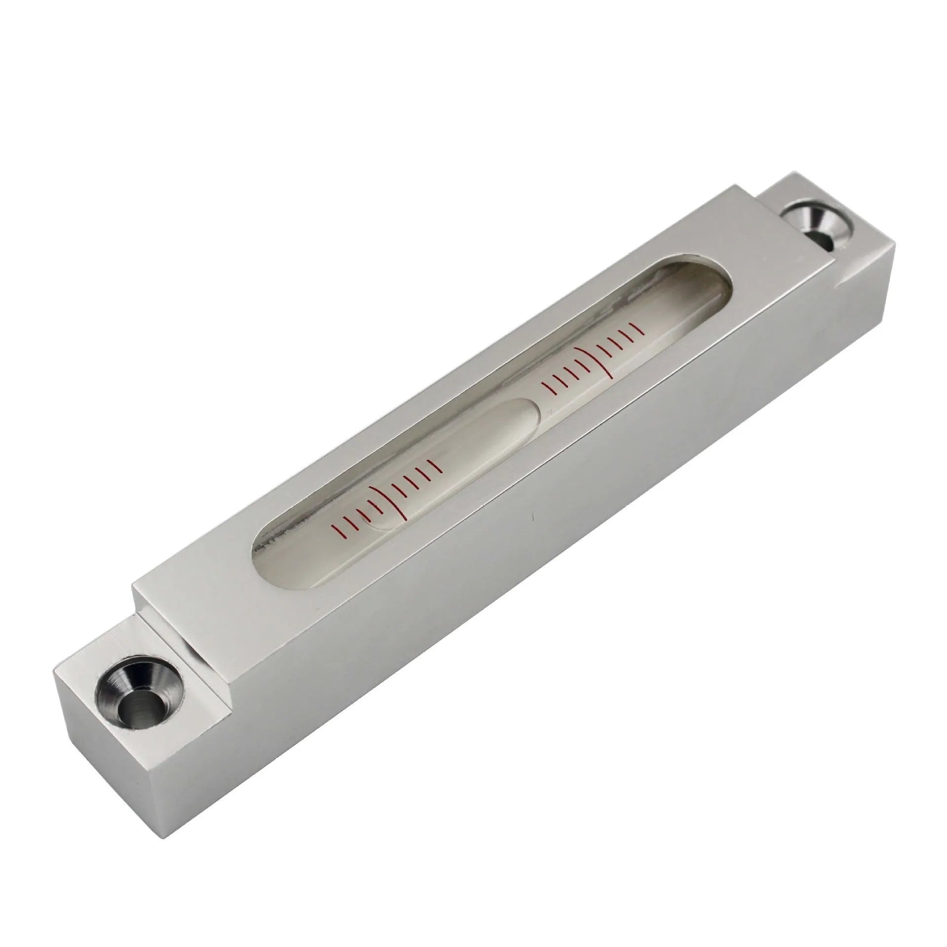 Compact metal and glass mini spirit level showing measurement vial, 132mm long.