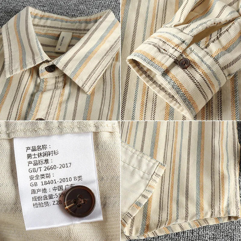 Men's vintage yarn-dyed striped casual shirt in Japanese retro style with loose fit