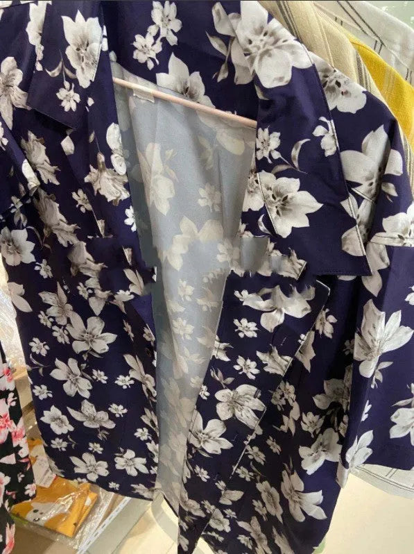 Men's blue peach blossom floral print short sleeve holiday shirt with lapel collar, polyester fabric, sizes S M L