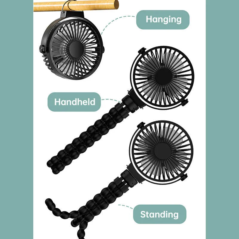 Black flexible tripod clip-on portable fan with 3 speed buttons and rotating head