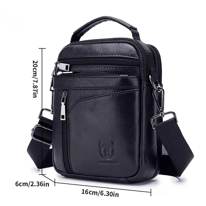 Black genuine leather retro style mens shoulder messenger bag for business casual and travel