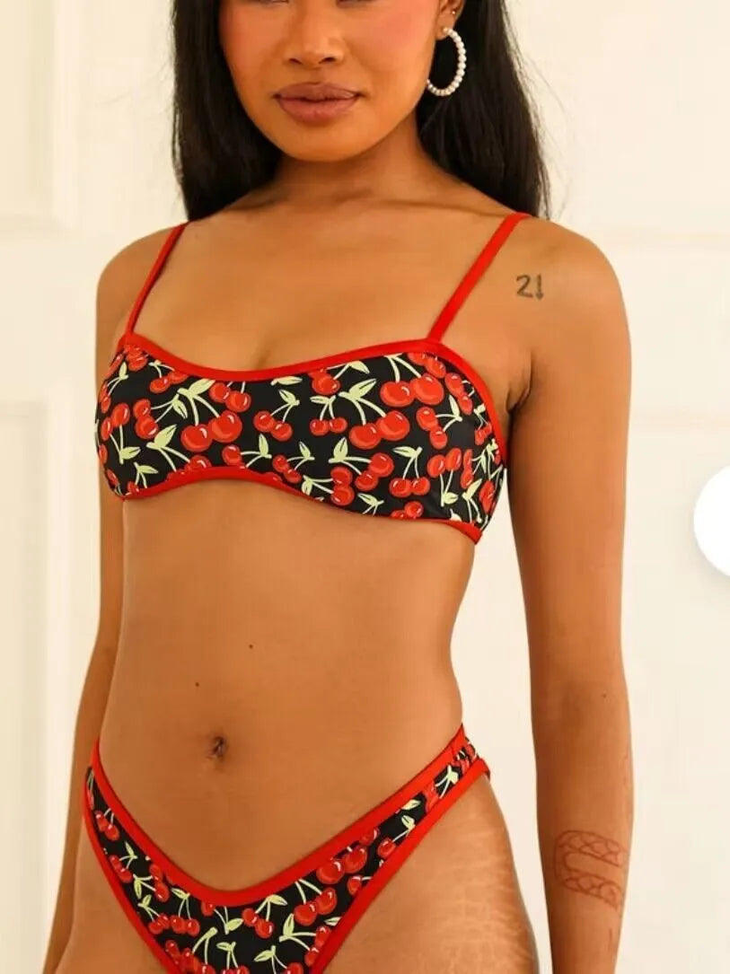 Women's cherry print floral bikini swimsuit with tube top on hanger