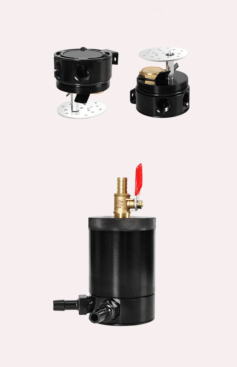 Aluminium automotive oil pot in black or silver with two-hole mounting and optional drain valve