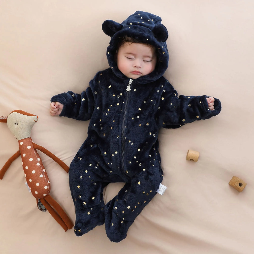 Fleece-lined flannel baby jumpsuit in dark blue, pink or white with bronzing bear or star design, sizes 50cm to 80cm