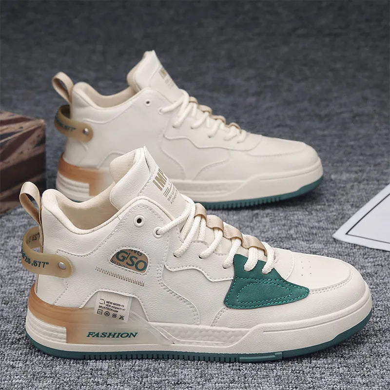 Men's khaki high-top casual shoes with PU upper and rubber sole on flat surface