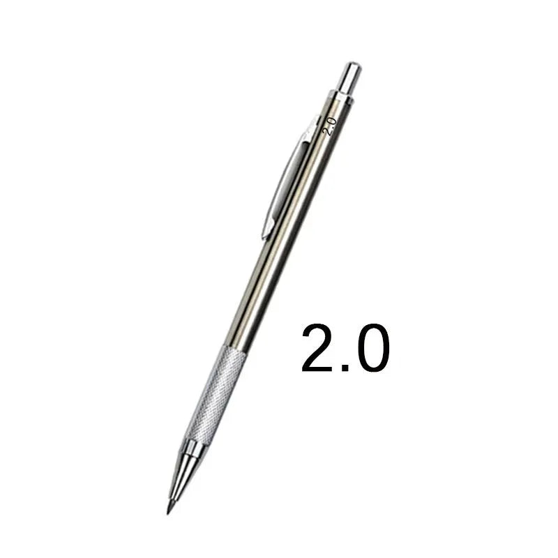 Metal mechanical pencil with automatic lead advancement mechanism and multiple lead size compatibility