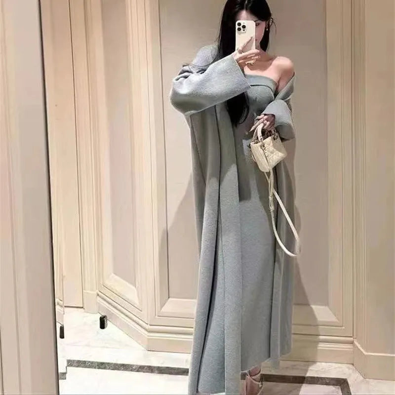 Women's grey knitted long sleeve dress and matching coat set with flocking texture detail