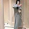 Women's grey knitted long sleeve dress and matching coat set with flocking texture detail
