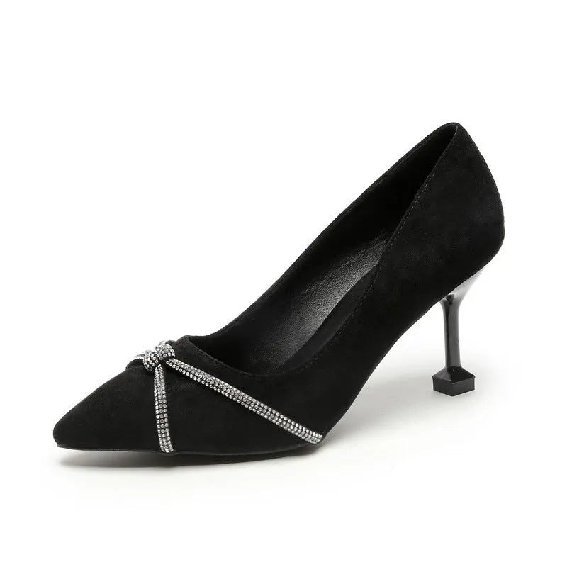 Women's stiletto heels in apricot 7.5cm with pointed toe, suede upper, and rhinestone decoration
