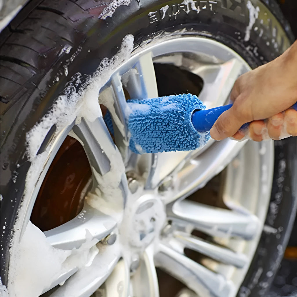 Blue microfiber car tyre brush with extended 45cm handle for wheel cleaning