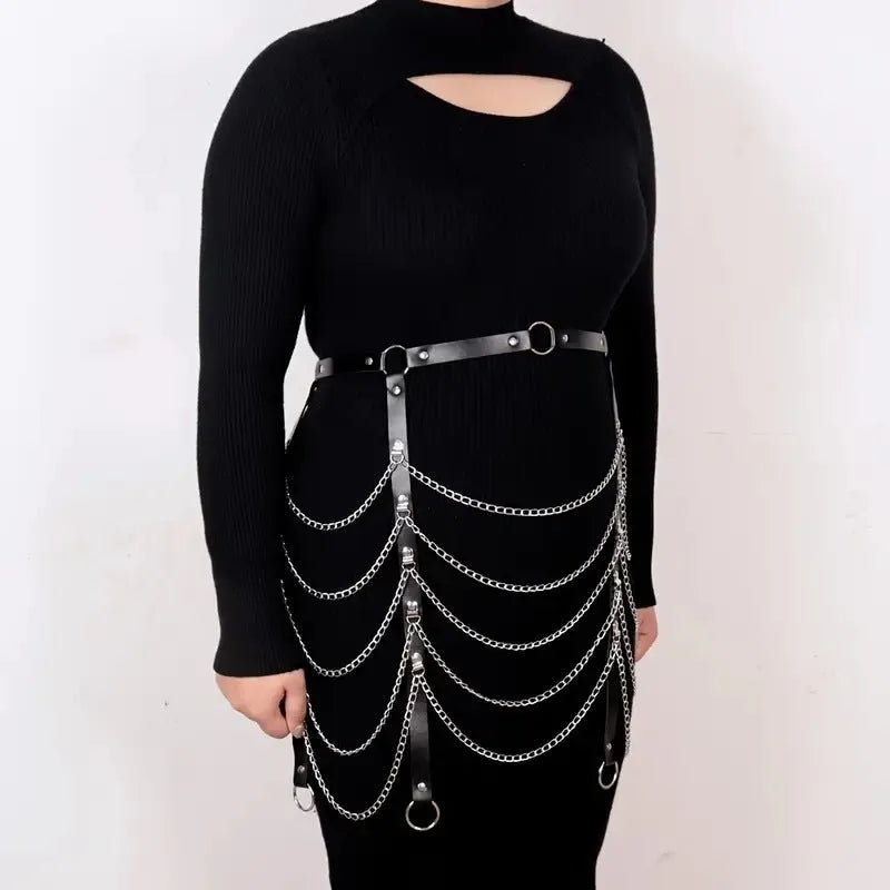 Black PU leather waist chain with bandage binding design for women's alternative fashion