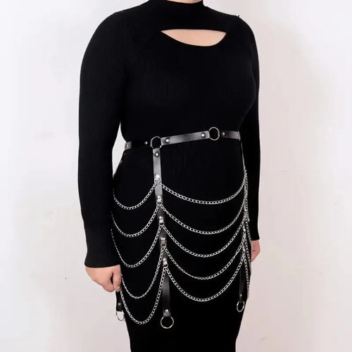 Black PU leather waist chain ornament with bandage detail and chain binding decoration