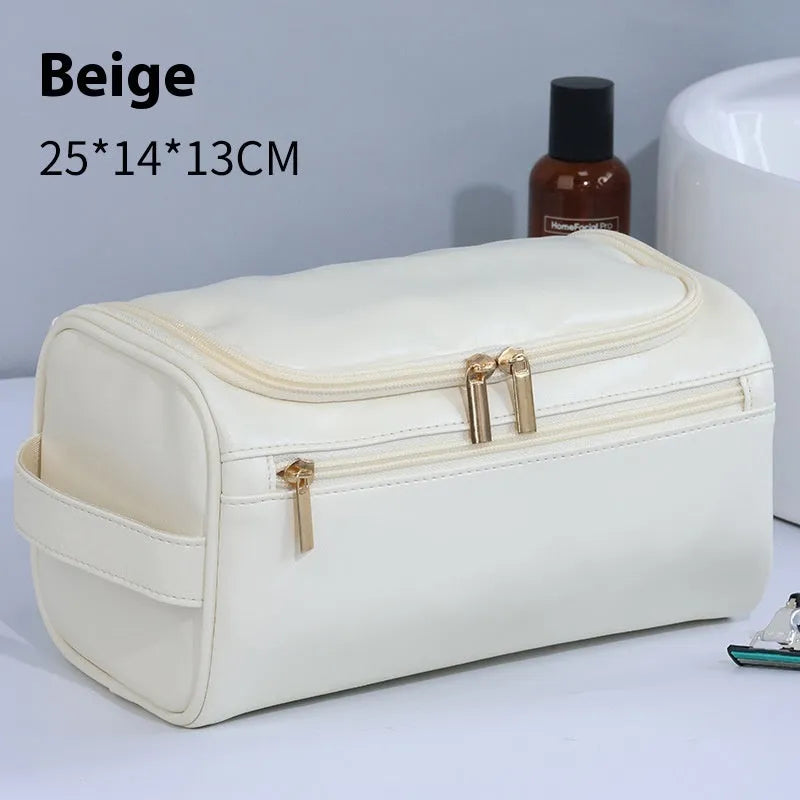 Large waterproof cosmetic storage bag in brown PU leather with a retro style design.