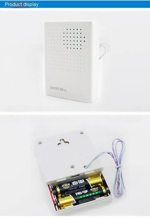 White wired dingdong doorbell 87x62x23mm on a wooden door frame