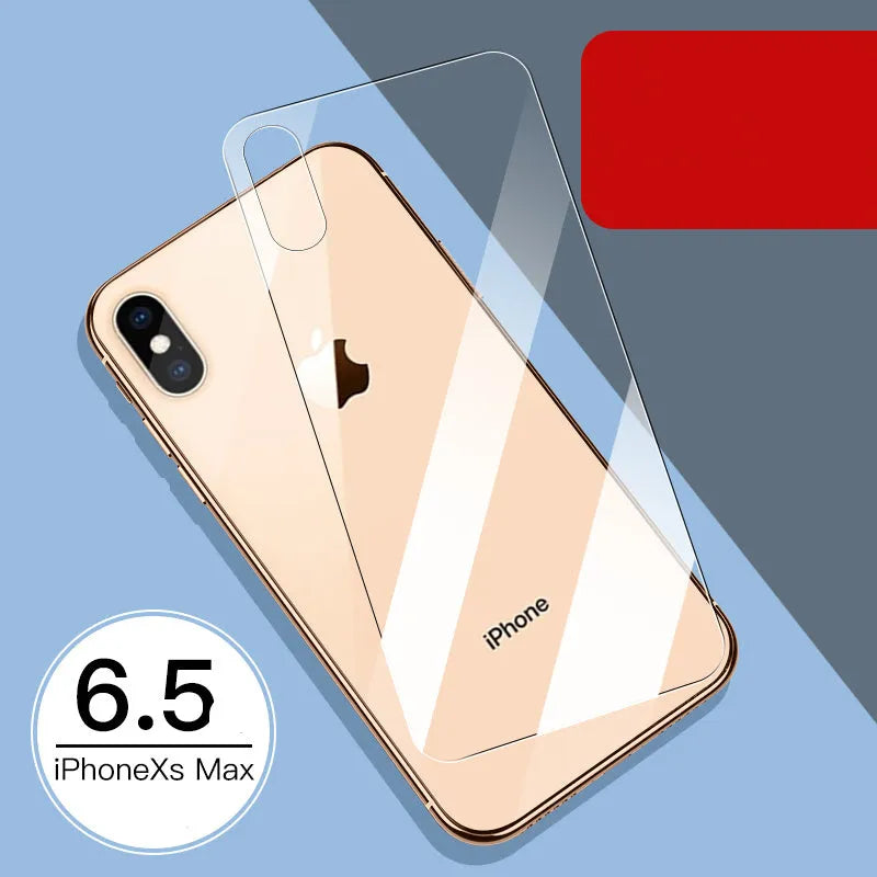 Tempered glass screen and rear protector film for Apple iPhone models on a table.
