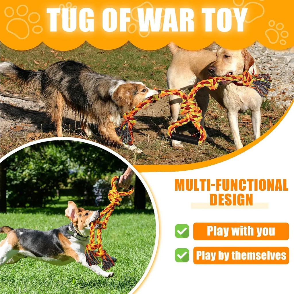 Blue and yellow durable cotton dog rope tug toy with a non-slip handle for large breeds.