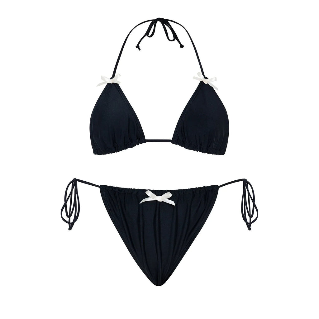 Women's solid colour bikini swimsuit with bow tie detail on top, shown in multiple colour options