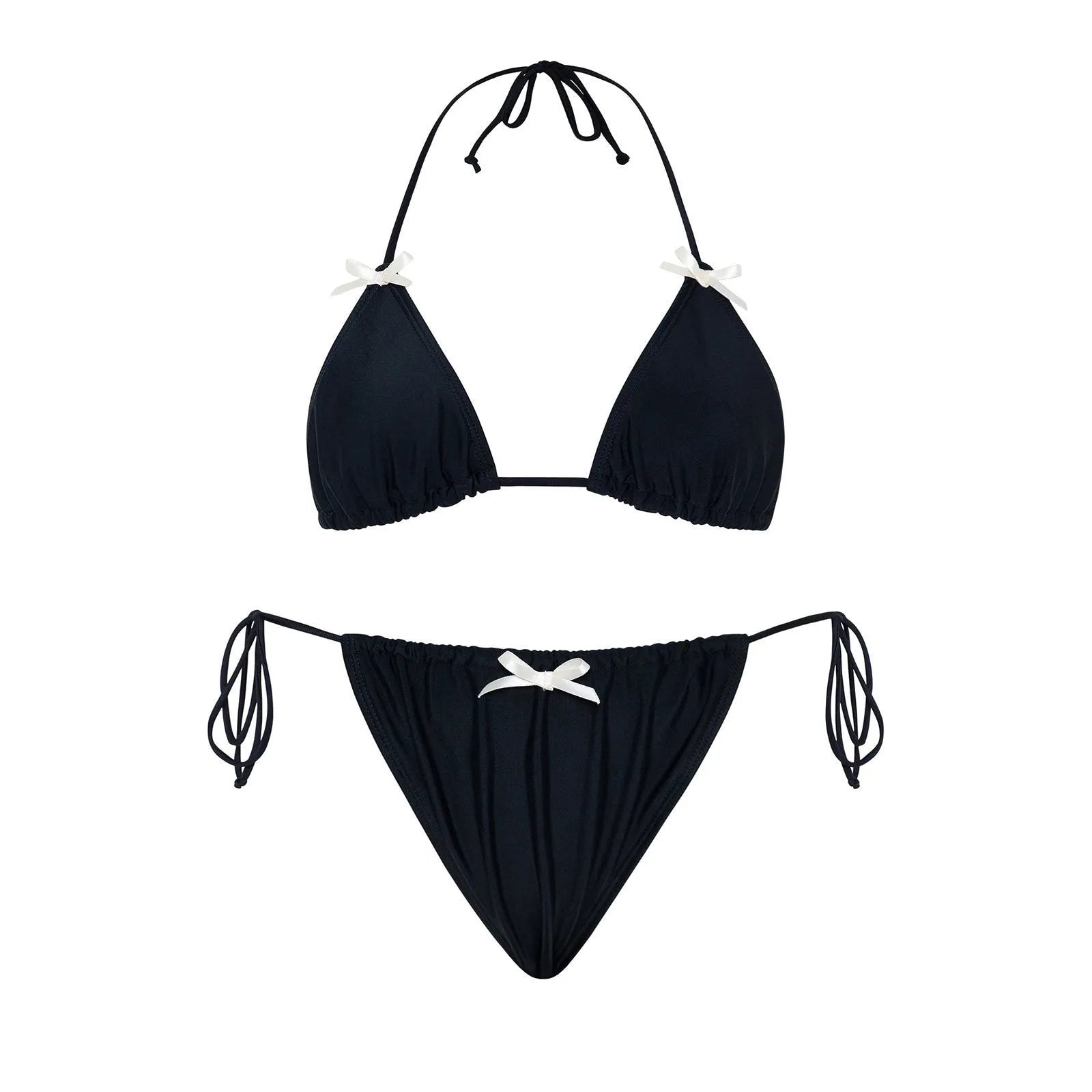 Women's solid colour bikini swimsuit with bow tie detail on top, shown in multiple colour options