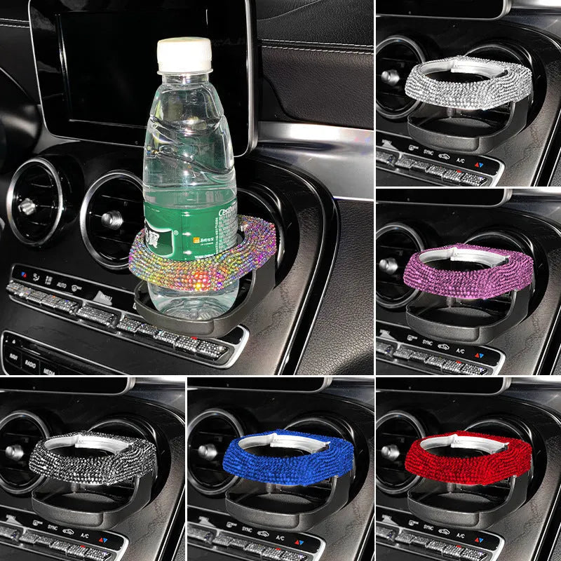 White diamond encrusted car cup holder bracket mounted on a vehicle air vent.