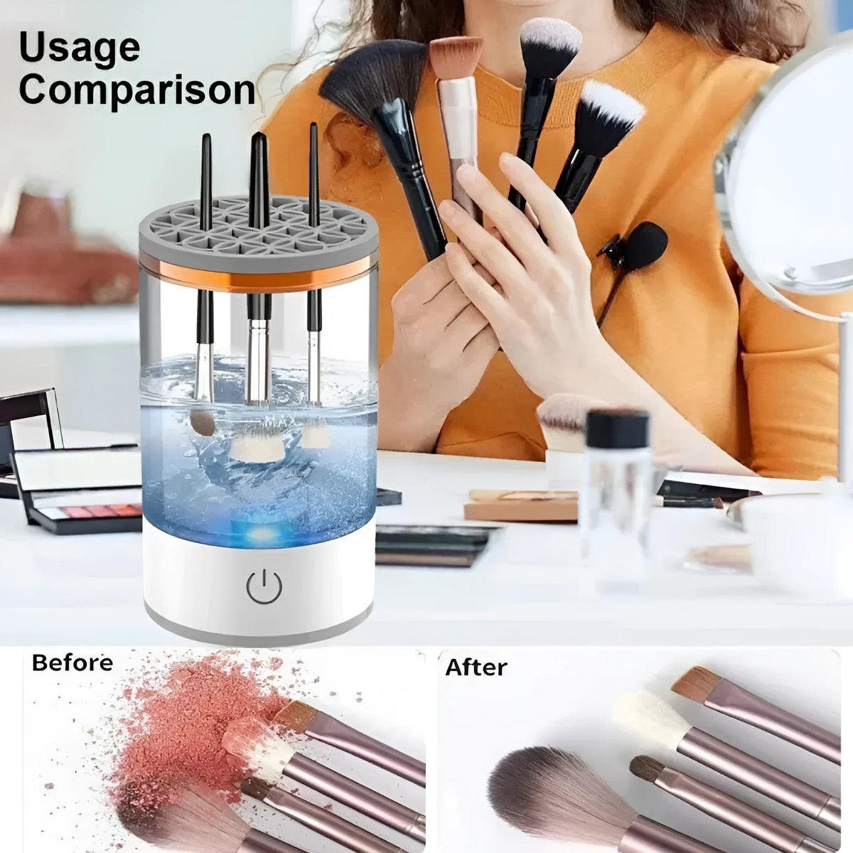 Automatic rotating makeup brush cleaner in grey or white, 16 x 9cm, with USB power cord and one-key control switch.