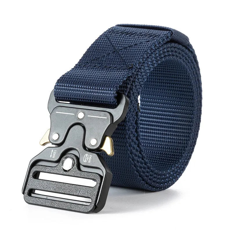 Men's tactical canvas belt with alloy buckle in multiple colour options showing 120cm length