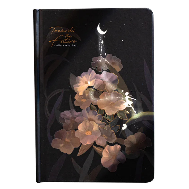 A5 notebook with luminous cover showing colour options: deep blue, gold, light blue, purple with internal colour illustrations