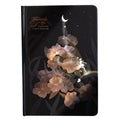A5 notebook with luminous cover showing colour options: deep blue, gold, light blue, purple with internal colour illustrations