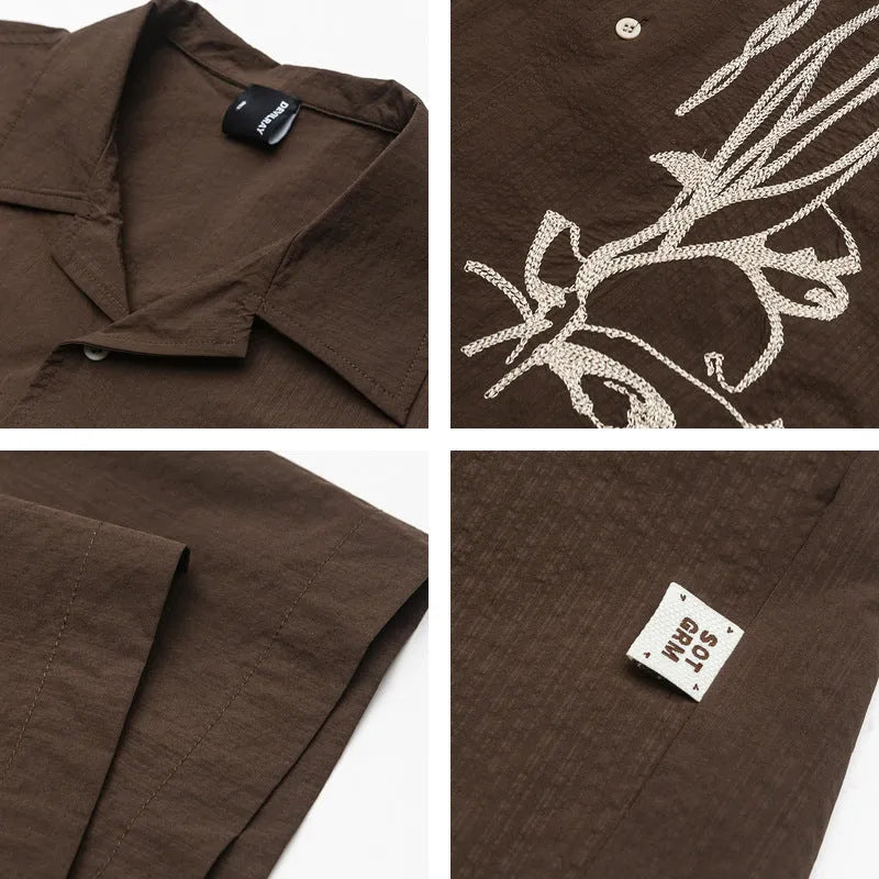 Brown striped men's short sleeve outdoor shirt with Cuban collar on a hanger