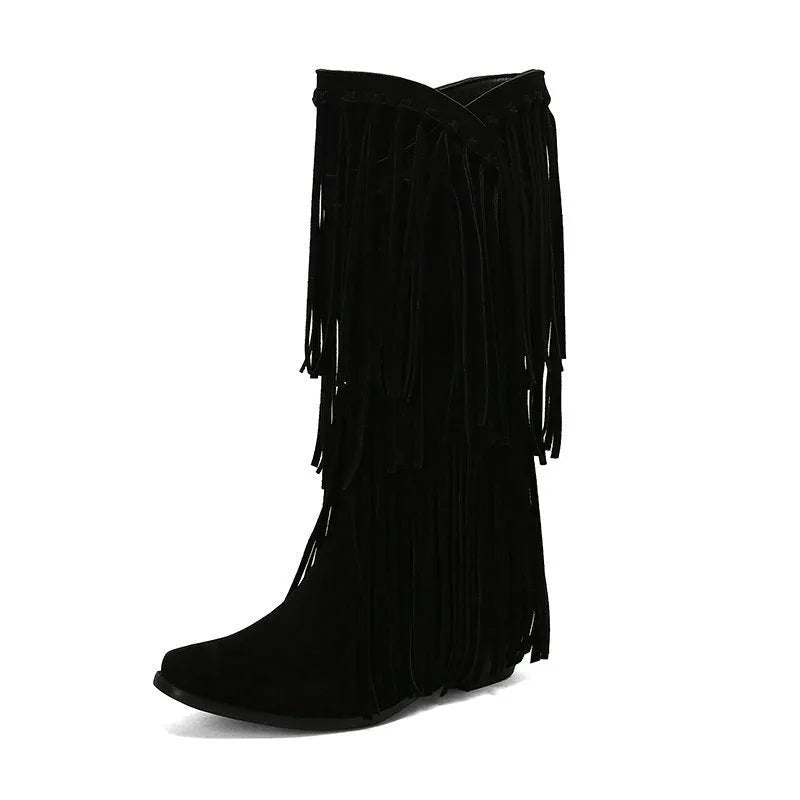 Women's suede knee-high boots with tassel detail and a chunky waterproof platform sole