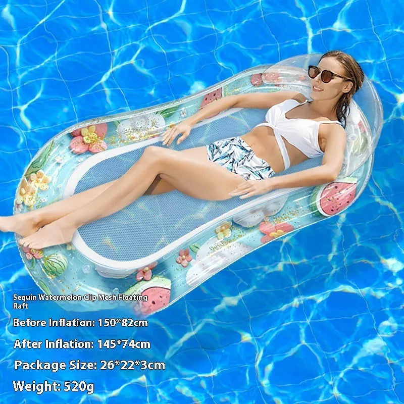 PVC inflatable floating row pool lounger in a mesh deck chair design with bright gradient colour wave.
