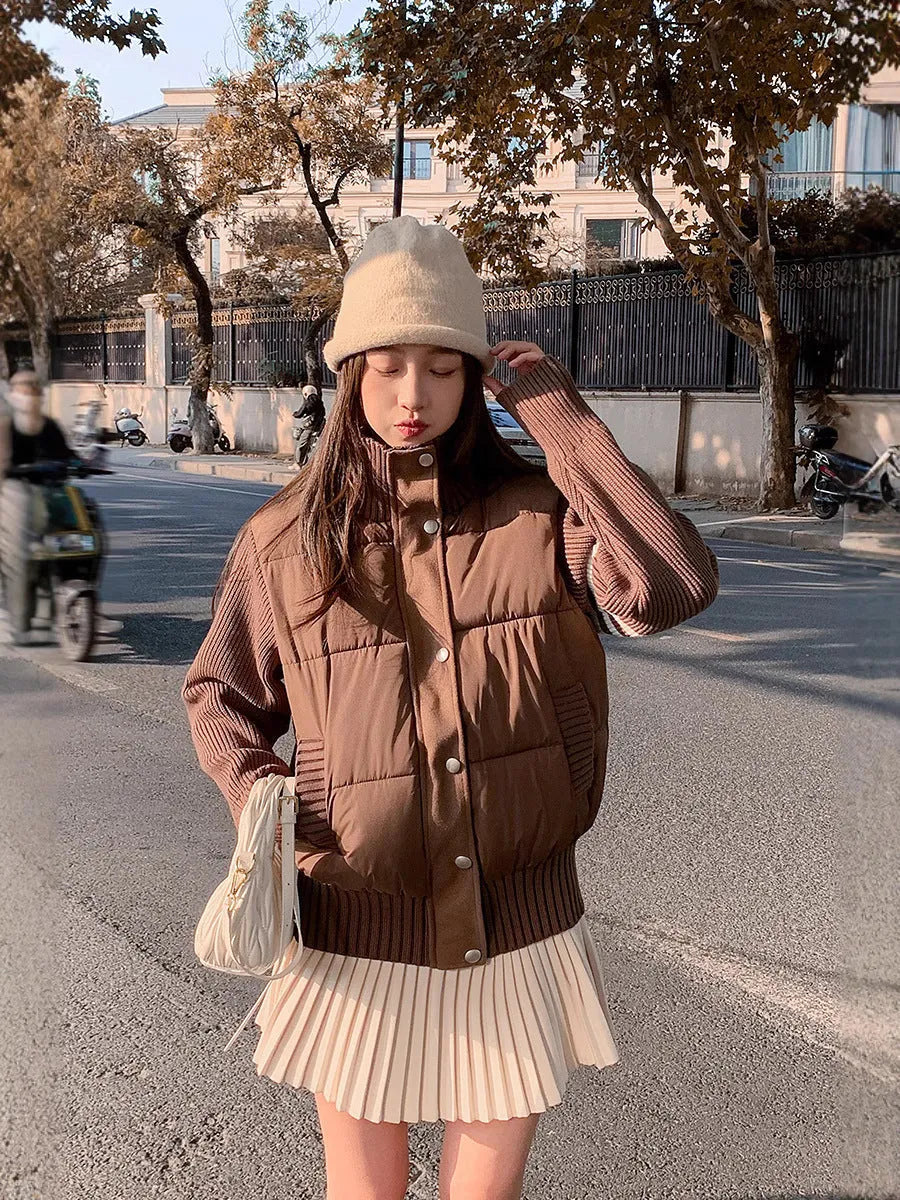 Women's casual cotton-padded jacket with knitted stitching colour contrast in beige, featuring pockets and regular sleeves