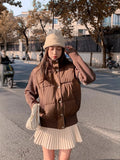 Women's casual cotton-padded jacket with knitted stitching colour contrast in beige, featuring pockets and regular sleeves