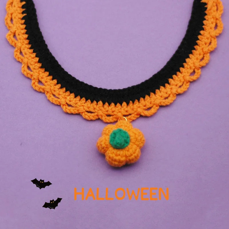 Hand-crocheted wool Halloween pet collar in pumpkin colours with adjustable sizing for cats and dogs