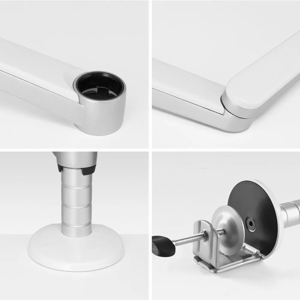 Silver aluminium alloy double-arm laptop stand with 310mm column height and clip-on desk mount