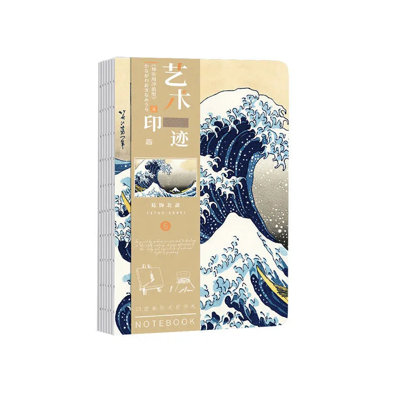 Ukiyo-e series retro artist hand ledger notebook showing Kanagawa wave cover design.
