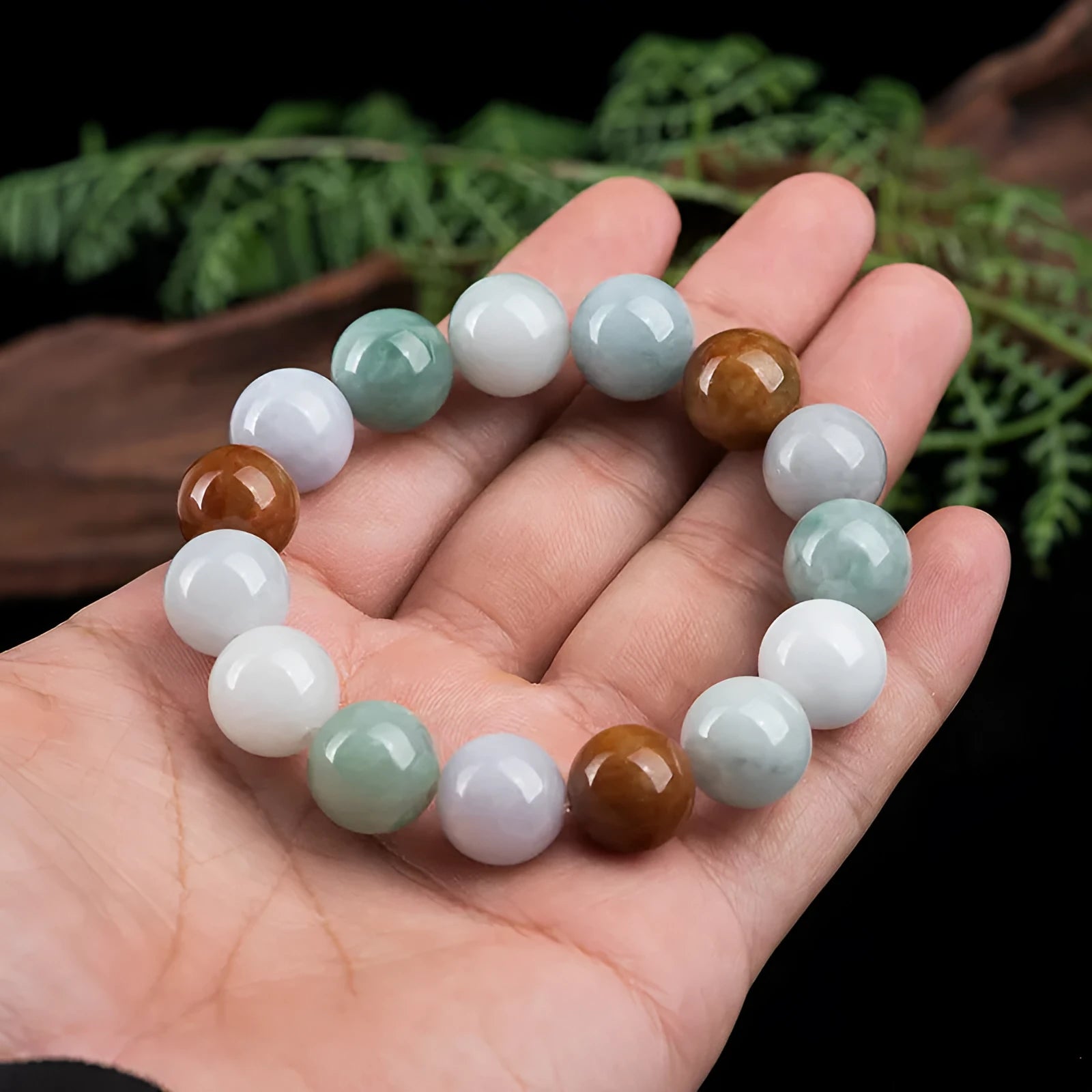 Women's natural Myanmar jade three-colour bracelet with 13mm round beads and certificate