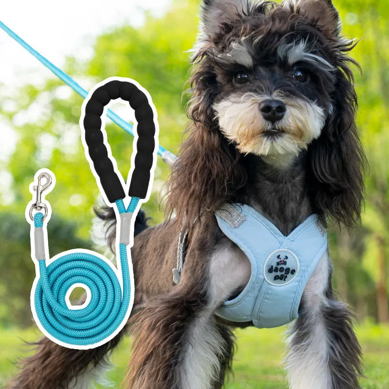 Adjustable polyester dog vest and hand holding rope set in blue, green, pink or yellow colours