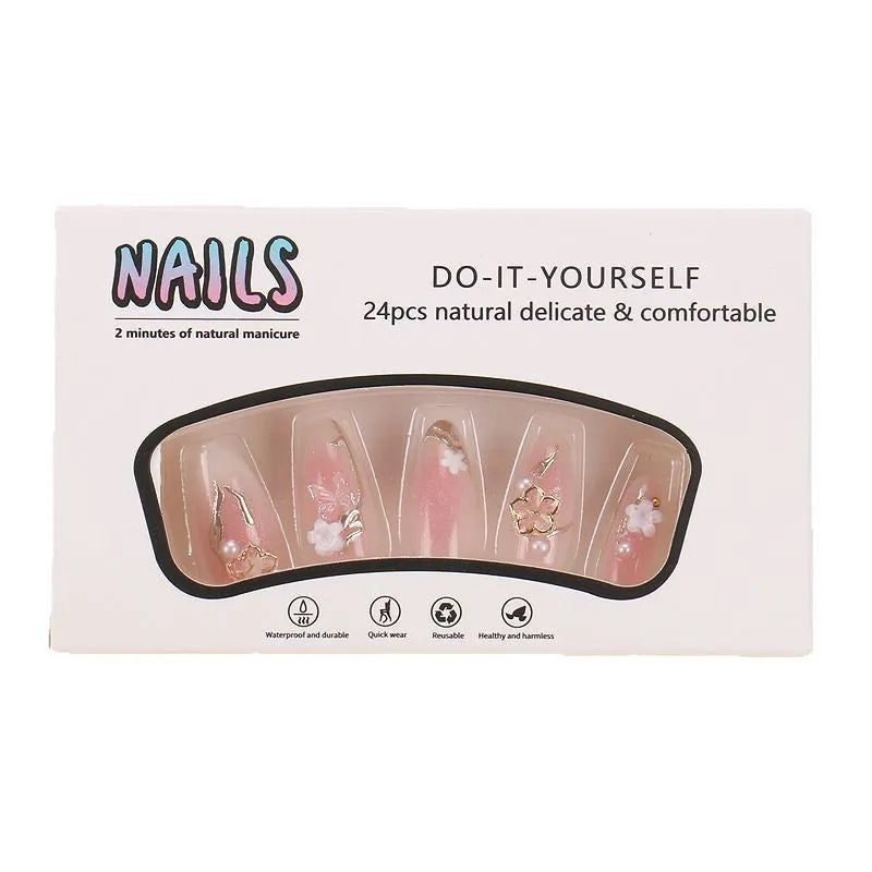Gold silk butterfly nail tips with flower patterns and gradient gilding in medium drop shape