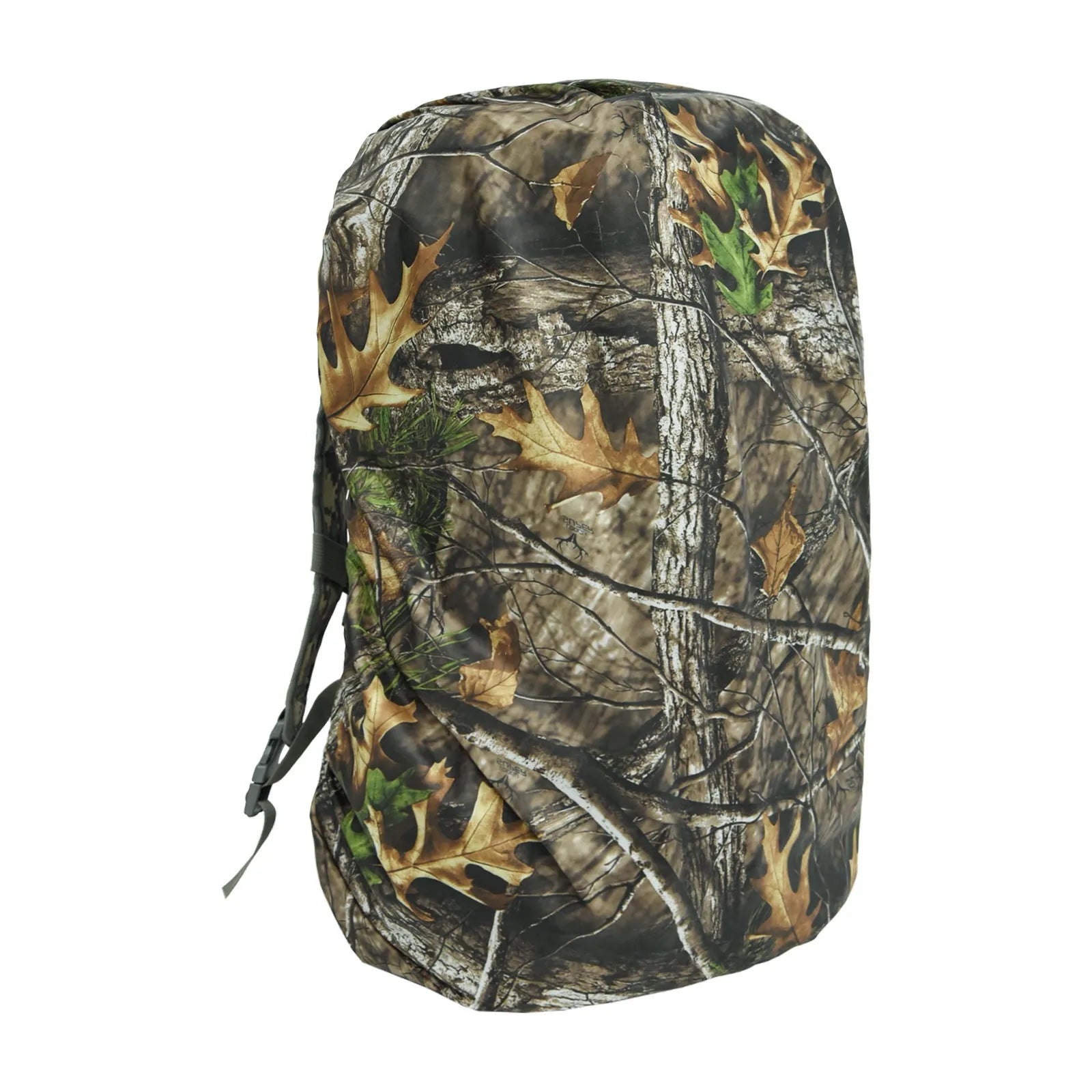 Army green waterproof Pu material rain cover fitted over a large backpack for outdoor use.