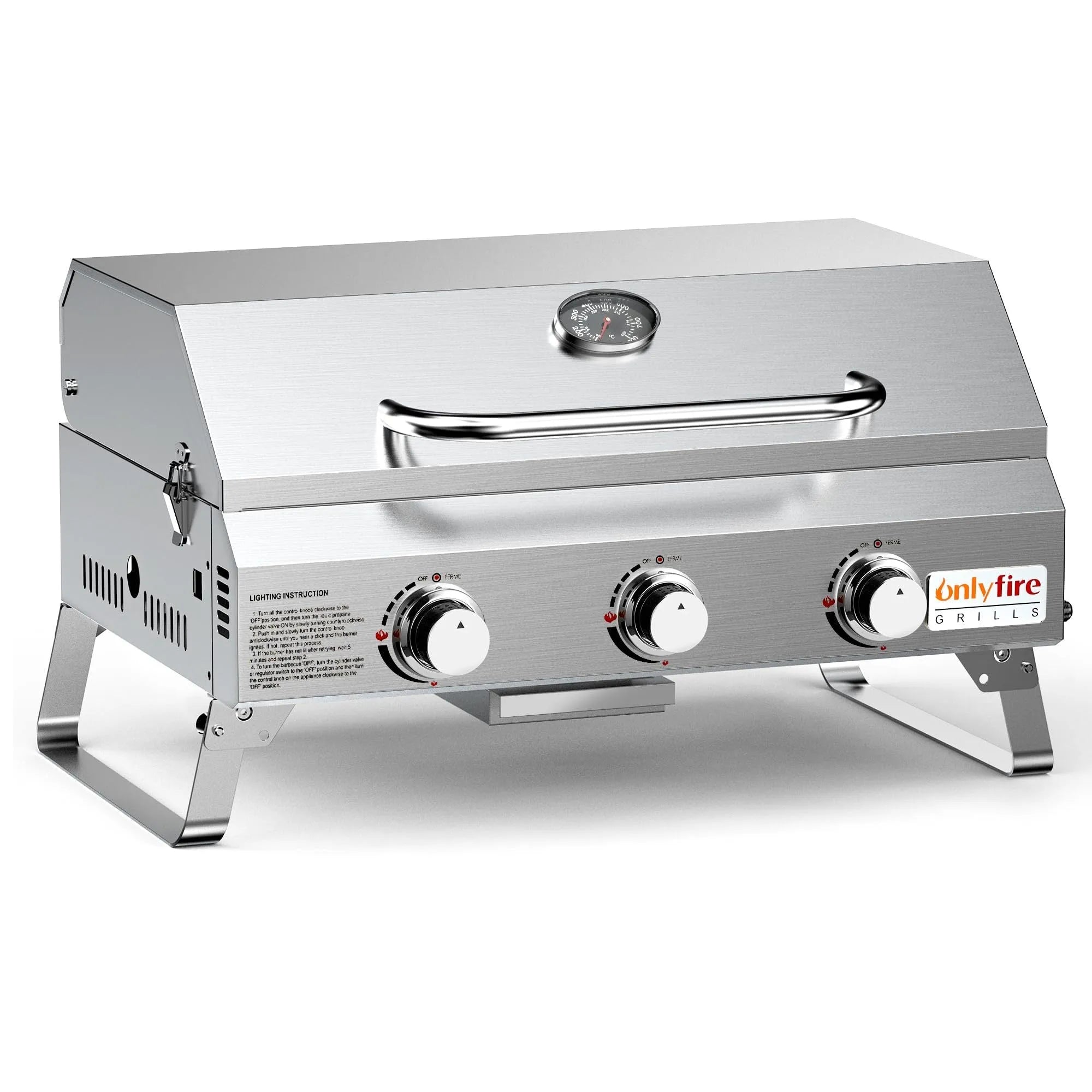 Silver desktop gas barbecue grill with three burners and foldable legs.