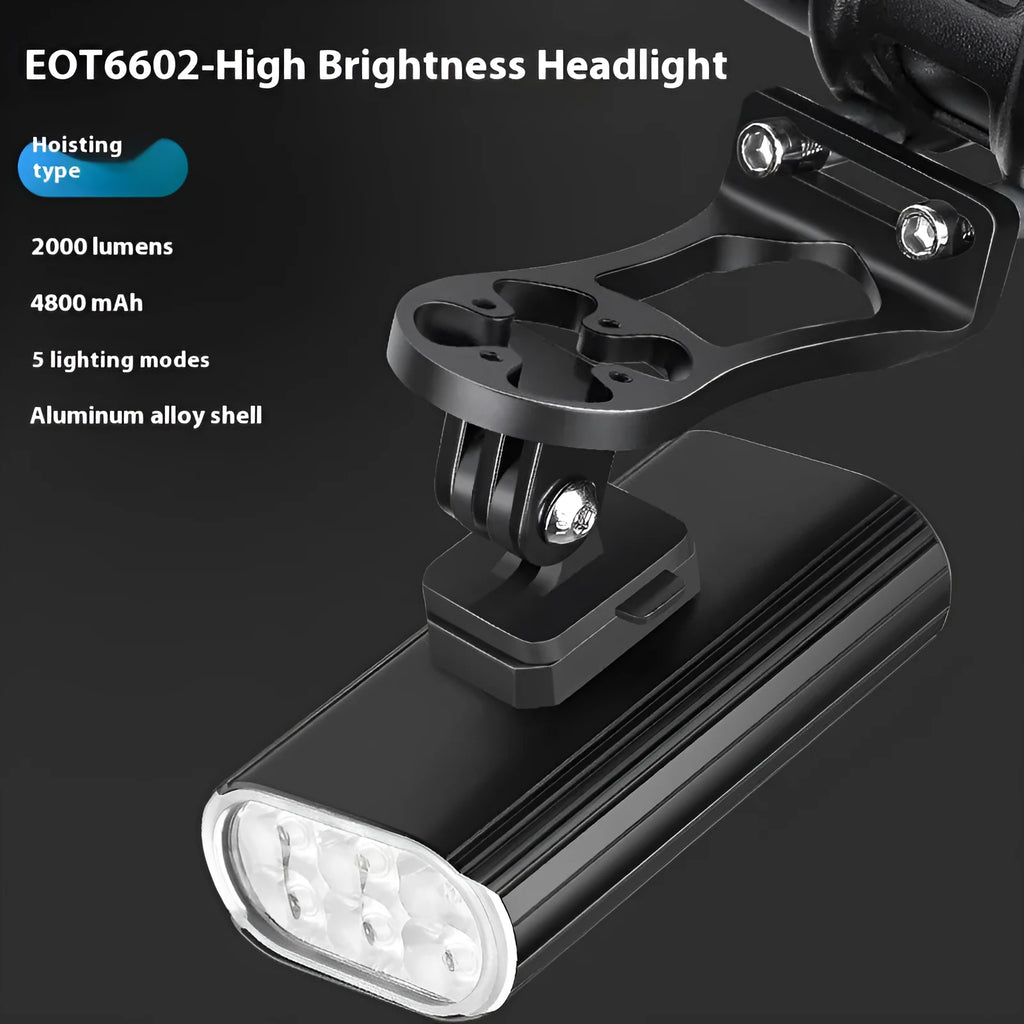 Aluminium alloy bicycle headlight with six XPT beads, USB Type-C port, and quick-release mount.