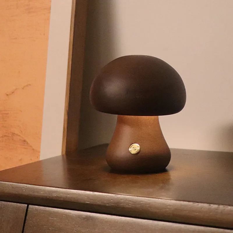 Wooden mushroom-shaped LED night light with touch switch on a bedside table, beech finish, 165 x 100 mm